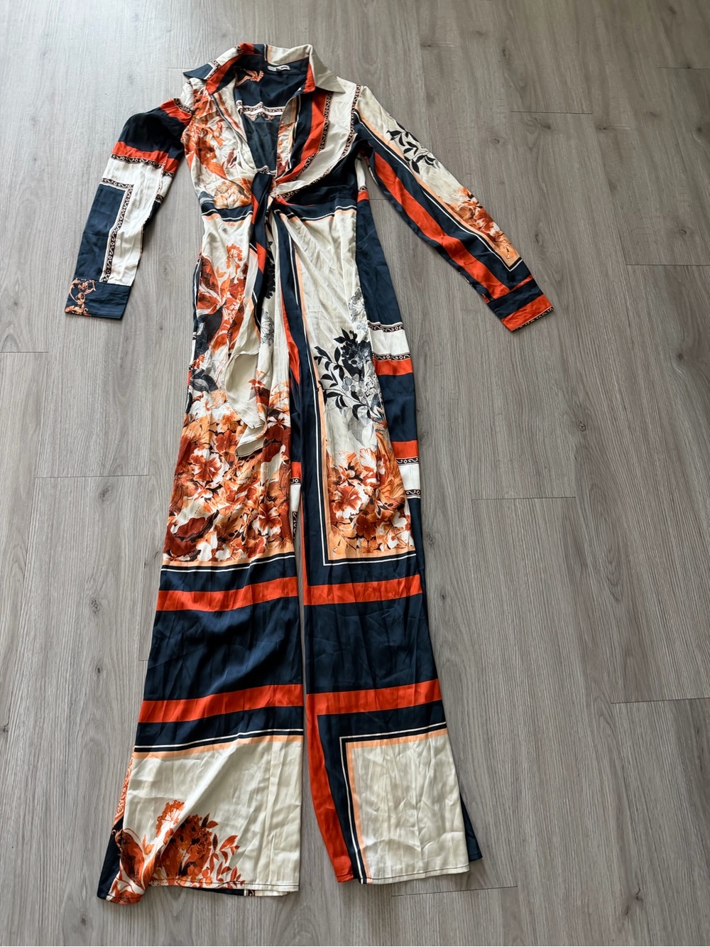 Fashion Nova Navy, Rust & Cream Floral Tie-Front Jumpsuit